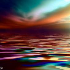 Create a surreal ocean sunset wallpaper with the colors of the rainbow shining on the rippled water.