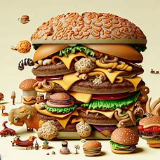 Create an intricate, multi-layered scene, depicting a large hamburger in the center, surrounded by smaller, detailed, and fantastical hamburger creations.