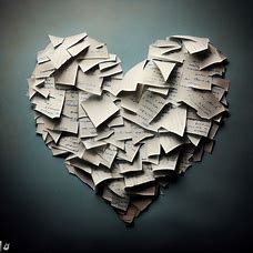 Visualize a heart made out of love poems written on different pieces of paper.