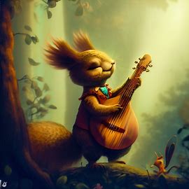 Create an image of a whimsical squirrel playing an instrument in a forest setting.. Image 2 of 4