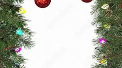 Animated Christmas card blinking lights overlay vertical alpha transparent border frame. Greeting video flashing holiday lights, swinging red ornaments and soft falling snow. Branches, cones, berries.