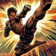 Illustrate a fierce muay thai fighter executing a flying knee strike in epic detail.