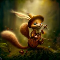 Create an image of a whimsical squirrel playing an instrument in a forest setting.