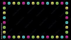 Happy face pixel art border motion graphic on transparent background. Colorful smile face emoticon frame animated with alpha channel. Emoji, pink, blue, green, yellow, loop, seamless.