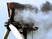 Burning wind generator after being struck by lightning