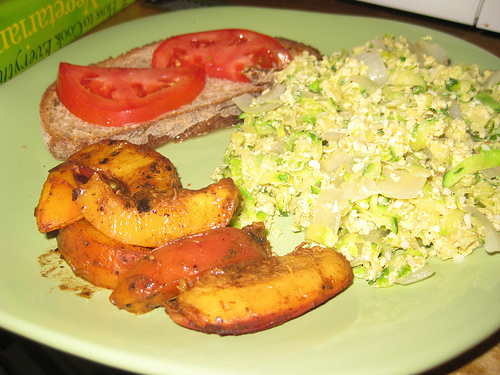 Nectarines, eggs, toast