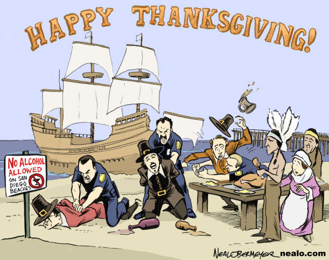 first thanksgiving pilgrims indians mayflower alcohol beach ban