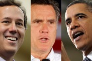 Rick Santorum, Mitt Romney and President Barack Obama