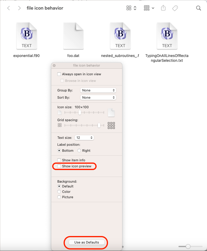 Icon view with "Show icon preview turned off, \"Use as Defaults\" button called out"