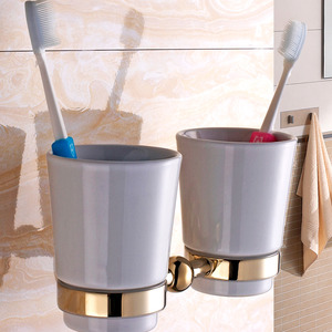 Polished Brass Porcelain Wall Mount Toothbrush Holder 