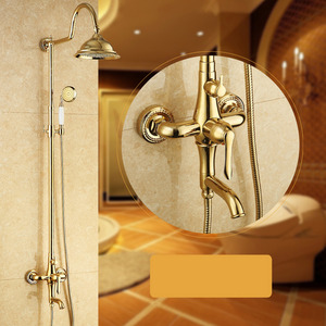 Golden Polished Brass Exposed Wall Mount Shower Faucet System