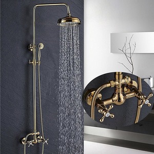 Gold Polish Shower System 2 Cross Contemporary Shower Faucet  Kit Rainfall Exposed 