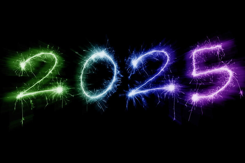 Zooming New Year 2025 sparkling typeface on black backdrop