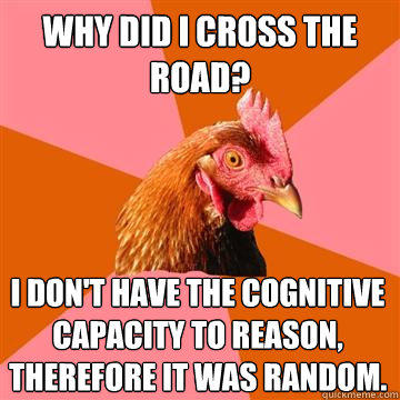 Why did i cross the road? i don't have the cognitive capacity to reason, therefore it was random.   Anti-Joke Chicken