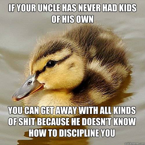 if your uncle has never had kids of his own you can get away with all kinds of shit because he doesn't know how to discipline you  