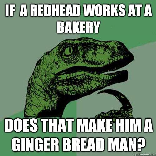 If  a redhead works at a bakery Does that make him a ginger bread man?  Philosoraptor