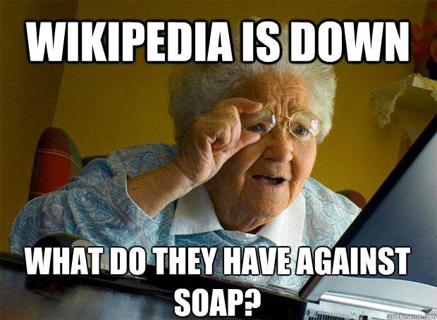 WIKIPEDIA IS DOWN WHAT DO THEY HAVE AGAINST SOAP?    Grandma finds the Internet