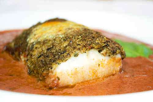 Photo of Sea Bass with Pesto Crust in Tomato Sauce