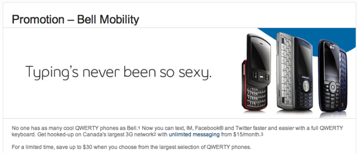 â€œcool QWERTY phonesâ€ ad from Bell Mobility