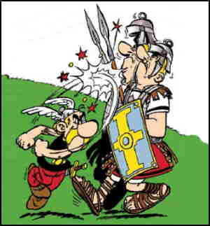 Asterix and a couple of Roman soldiers. Artist: Albert Uderzo.