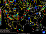 Latest United States (CONUS) surface analysis overlaid with base reflectivity - black background