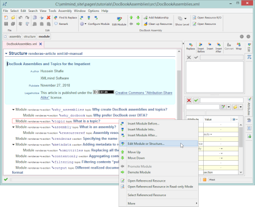 Editing a DocBook 5.1 assembly.