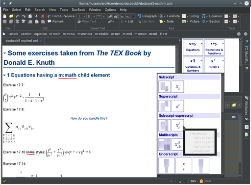 Editing a MathML equation found in a DocBook 5 document.