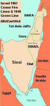 Israel and the Arabs: Map of 6 Day war cease-fire lines 1967