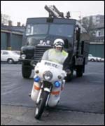 A Green Goddess and police escort, 1977