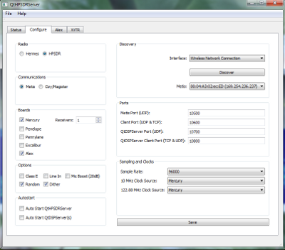 QtHPSDRServer program configuration page. (Click to enlarge)