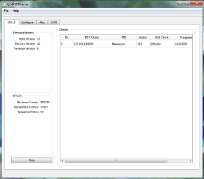 QtHPSDRServer program status page. (Click to enlarge)
