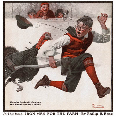 The Norman Rockwell painting, entitled Cousin Reginald Catches the Thanksgiving Turkey, from the cover of The Country Gentleman published December 1, 1917