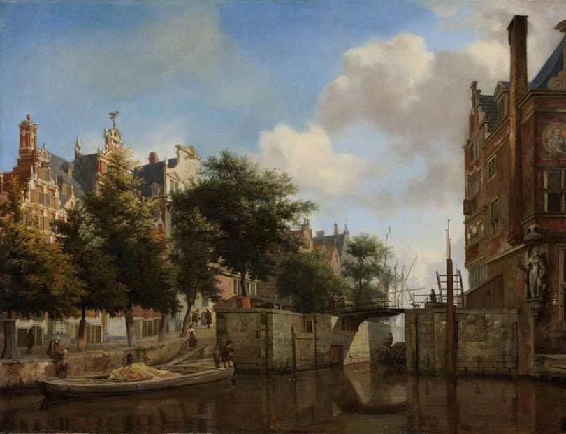 De Nieuwe Zijds Voorburgwal met de Oude Haarlemmersluis te Amsterdam,  Jan van der Heyden