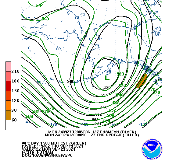 WPC and GFS  Ensemble Mean/Spread Forecast of 500mb Heights valid on Day 4