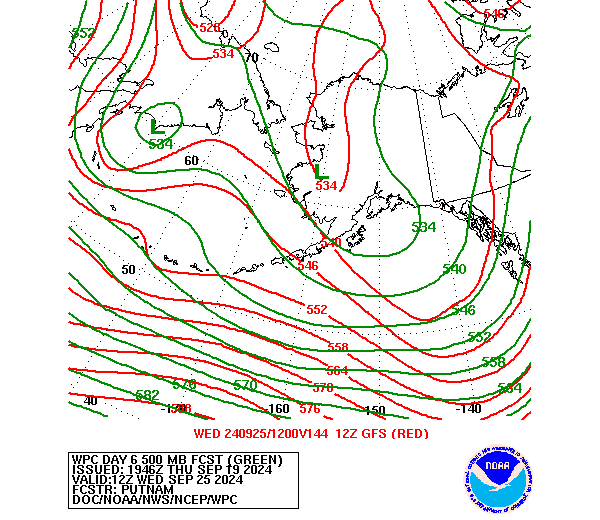 WPC and GFS Forecast of 500mb Heights valid on Day 6