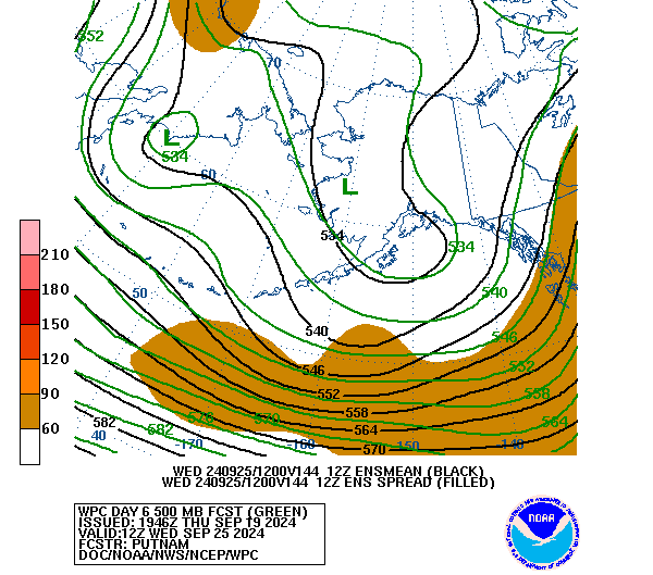 WPC and GFS  Ensemble Mean/Spread Forecast of 500mb Heights valid on Day 6