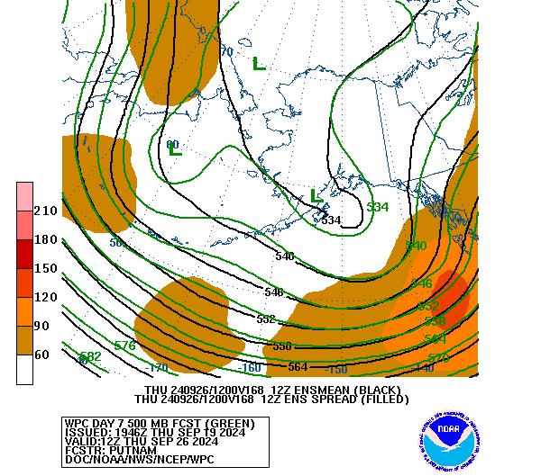 WPC and GFS  Ensemble Mean/Spread Forecast of 500mb Heights valid on Day 7