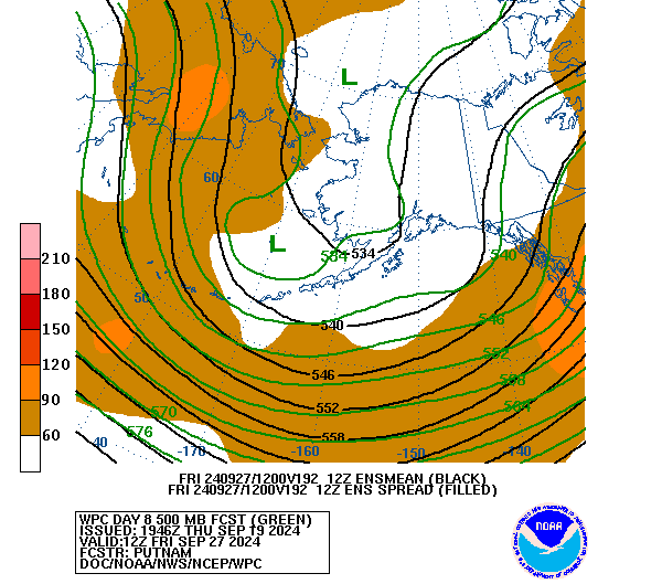 WPC and GFS  Ensemble Mean/Spread Forecast of 500mb Heights valid on Day 8