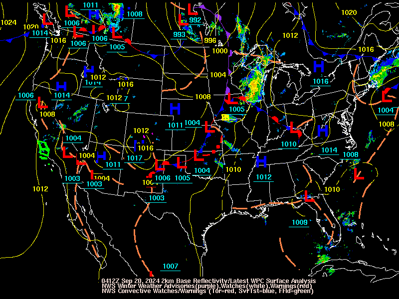 Latest WPC surface analysis, NWS Winter Weather Watches/Warnings/Advisories, and radar loop