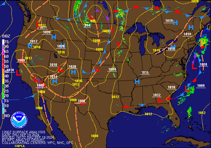 12Z U.S. Radar Mosaic with WPC Surface Analysis