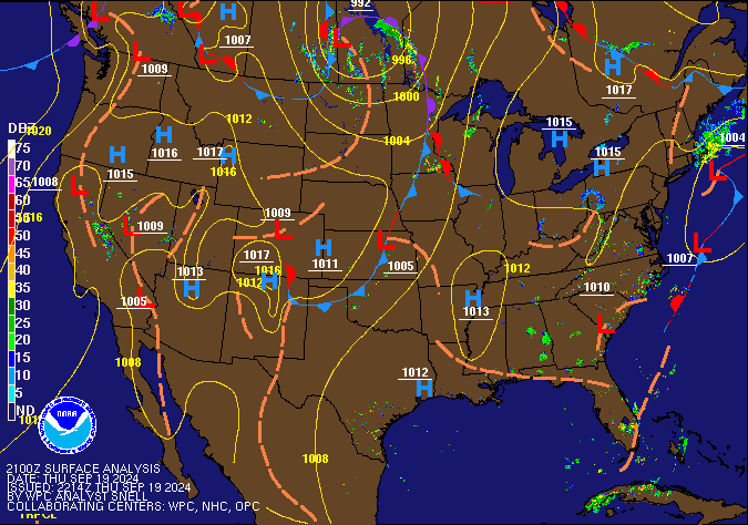 21Z U.S. Radar Mosaic with WPC Surface Analysis