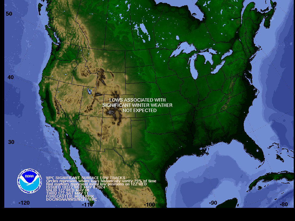 Day 1-3 forecast of surface low tracks (with uncertainty circles) associated with significant winter weather