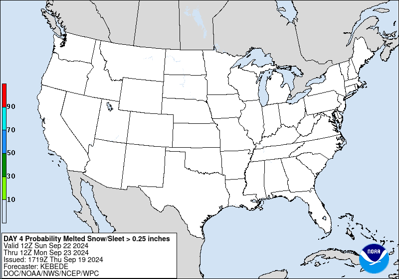 Day 4 probability of at least .25 inch liquid equivalent of snow/sleet.